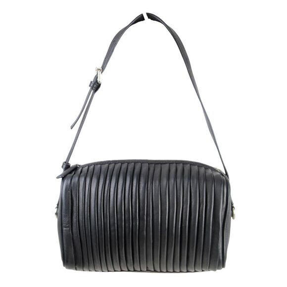 Topshop BLACK GENUINE LEATHER RUFFLE ZIP TOP HOBO SHOULDER BAG HANDBAG PURSE - Picture 1 of 14